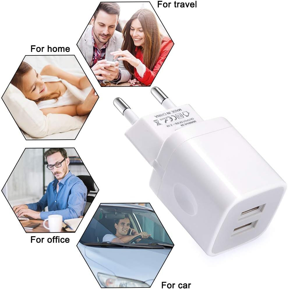 European Wall Charger, 2-Pack USB 2.1AMP Universal Europe Charger Block Dual Port Plug Compatible for Iphone 15 14 13 12 11 Pro Max XS XR X SE 8 7 6 Plus, Samsung S23 S22 A14, Note 20,Lg,Moto