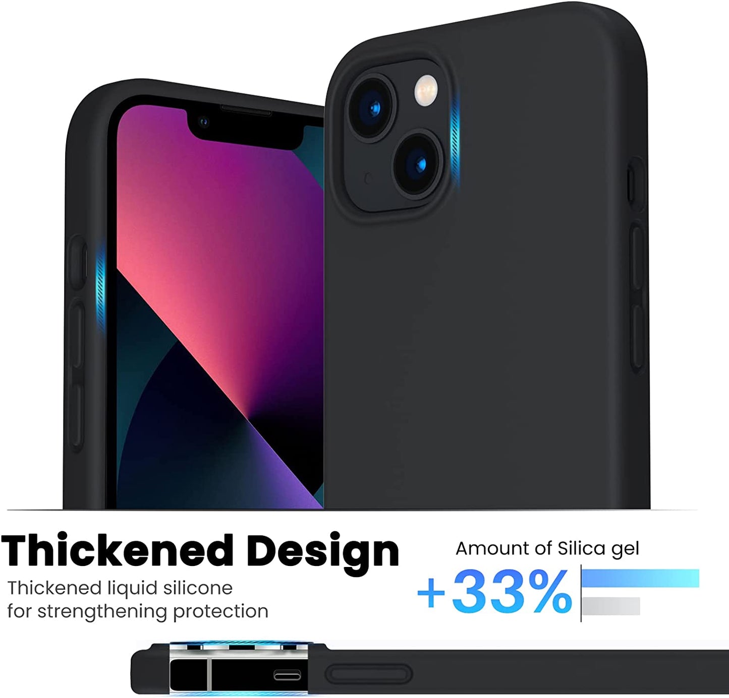 Shockproof Liquid Silicone Designed for Iphone 13 Case Gel Rubber Anti-Shock Cover Case Drop Protection 6.1Inch-Black