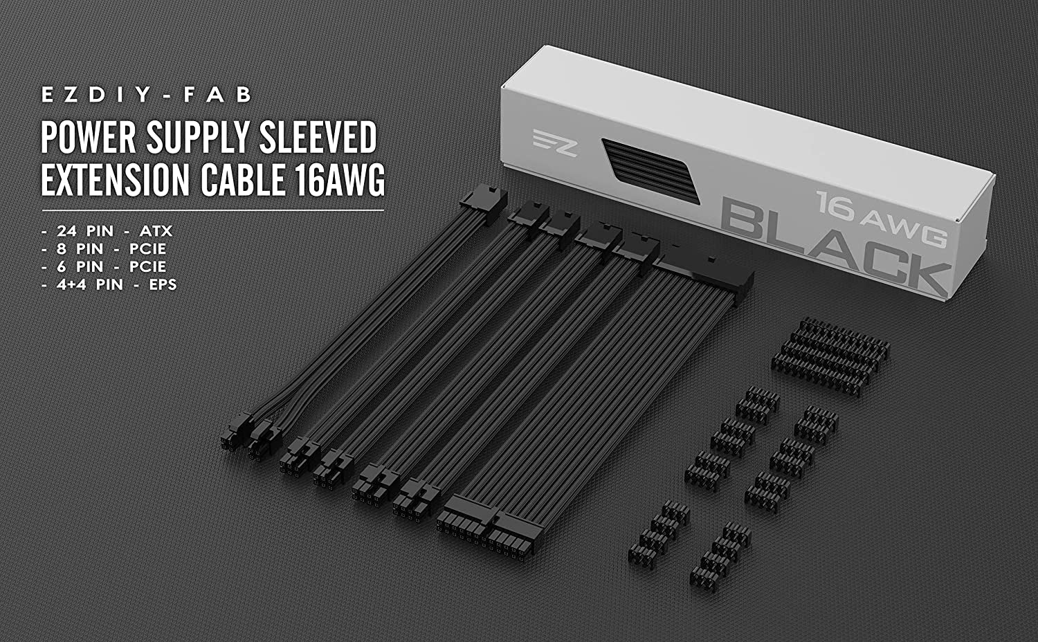 PSU Cable Extension Kit Sleeved Cable Custom Power Supply Sleeved Extension 16 AWG 24-PIN 8-PIN 6-PIN 4+4-PIN with Combs- Black