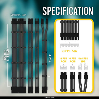 PSU Cable Extension Kit Sleeved Cable Custom Power Supply Sleeved Extension 16 AWG 24-PIN 8-PIN 6-PIN 4+4-PIN with Combs- Black