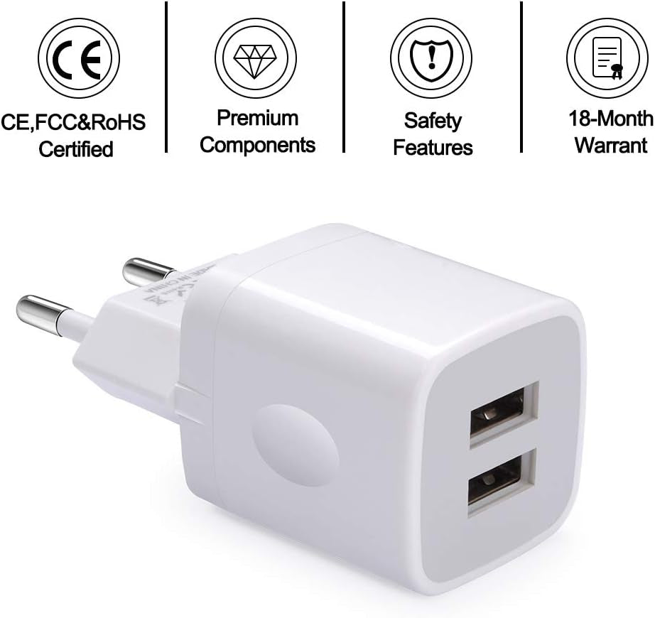 European Wall Charger,  2-Pack USB 2.1AMP Universal Europe Charger Block Dual Port Plug Compatible for Iphone 15 14 13 12 11 Pro Max XS XR X SE 8 7 6 Plus, Samsung S23 S22 A14, Note 20,Lg,Moto