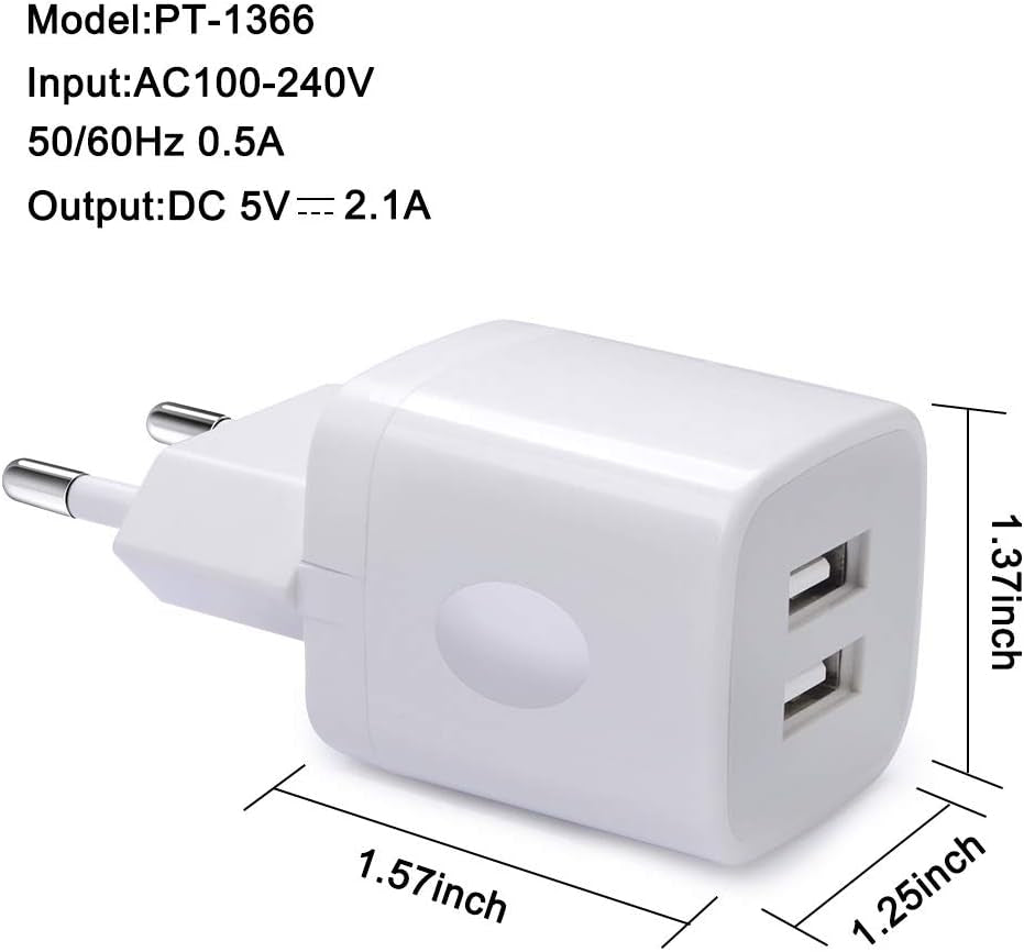 European Wall Charger,  2-Pack USB 2.1AMP Universal Europe Charger Block Dual Port Plug Compatible for Iphone 15 14 13 12 11 Pro Max XS XR X SE 8 7 6 Plus, Samsung S23 S22 A14, Note 20,Lg,Moto